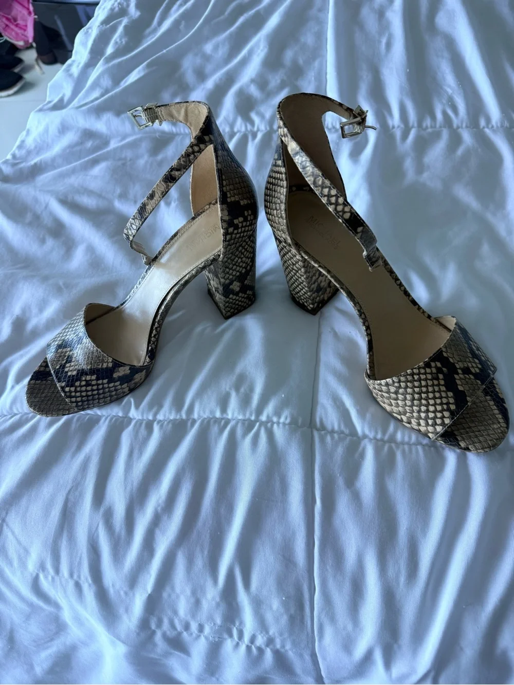 Michael Kors Snake-Print Ankle Strap Heels in Beige and Black